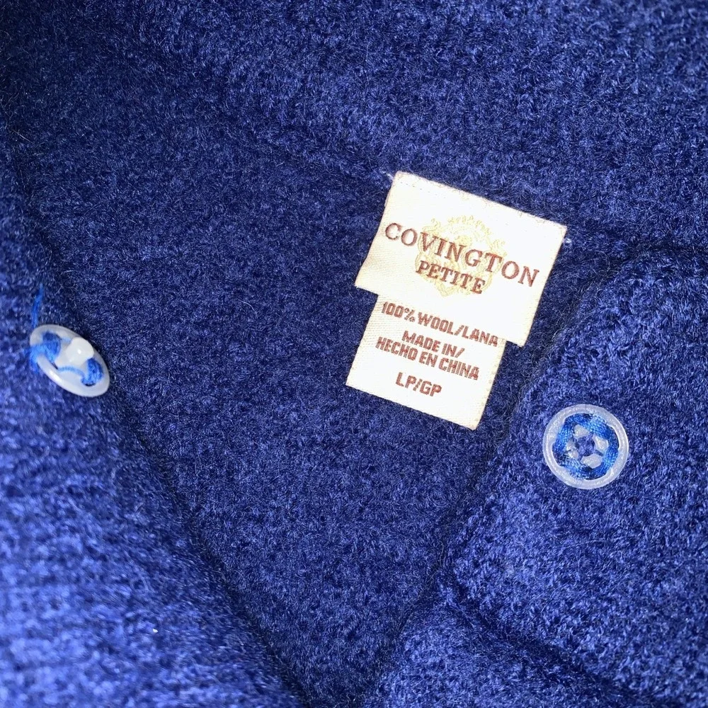 VTG Covington Wool Cardigan Jacket Women's Large Petite Blue Cropped‎ 3/4 Sleeve
